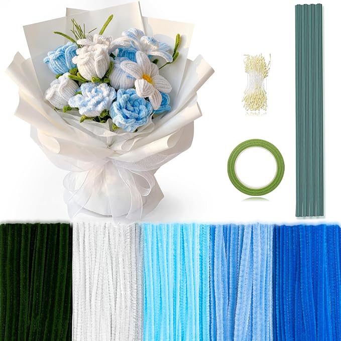 Peryiter 371 Pipe Cleaners Flowers Set, Mixed Colors Chenille Stems Bulk with Floral Wires, Gardening Tape, Stamen for DIY Flower Making Kit, Gift Idea for Mother's Day(Blue & Green)