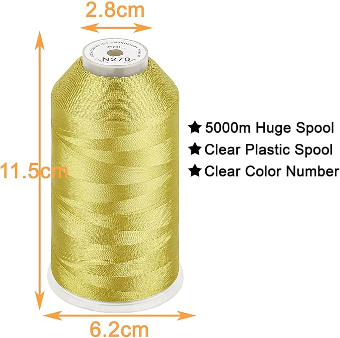 New brothread - Single Huge Spool 5000M Each Polyester Embroidery Machine Thread 40WT for Commercial and Domestic Machines - Mustard(Janome Color)