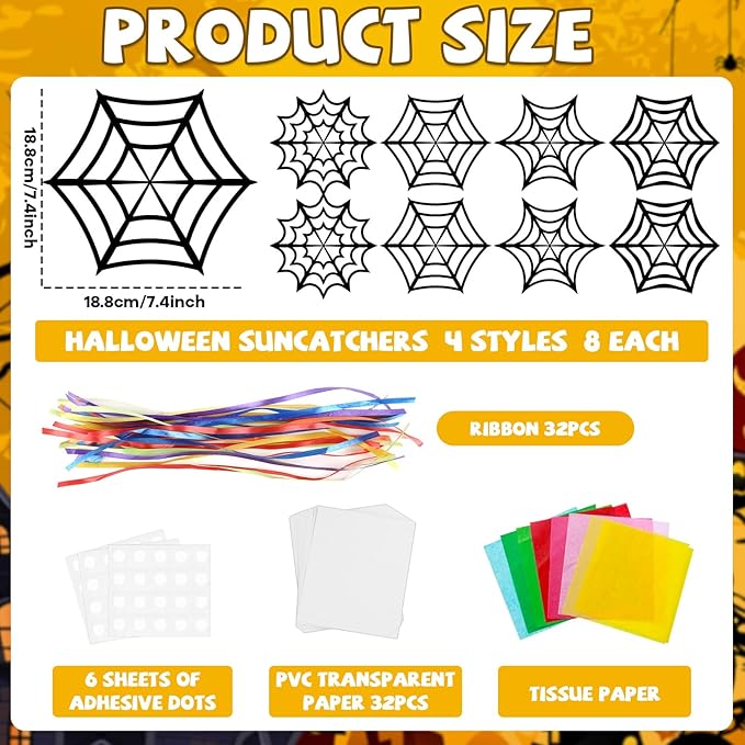 32Pcs Halloween Suncatcher Kit Halloween Window Art DIY Suncatcher Crafts for Kids Spider Web Sun Catcher Craft Stained Glass Effect Tissue Paper Halloween Party Favors Kids Classroom Decor