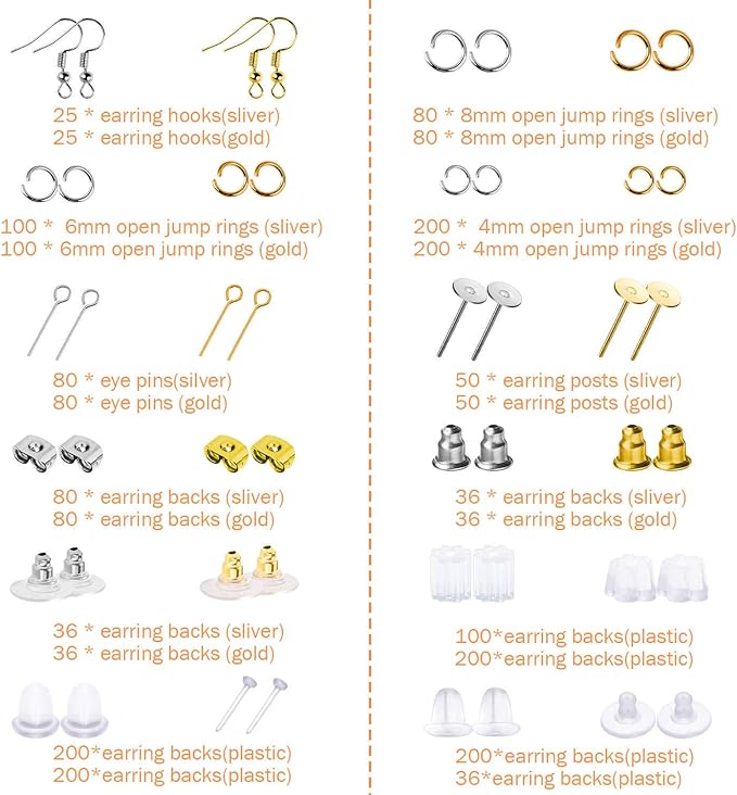anezus earring making kit with earring hooks findings, earring backs posts, jump rings for jewelry making supplies, 2320pcs