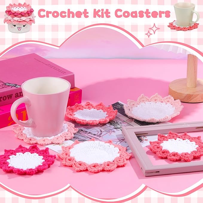 Hssugi Crochet Kit for Beginners, 6PCS Crochet Starter Kit, Potted Plant Coasters Crochet Kit with Step-by-Step Video Tutorials, Crochet Hooks, Learn to Crochet Kits for Adult Beginners