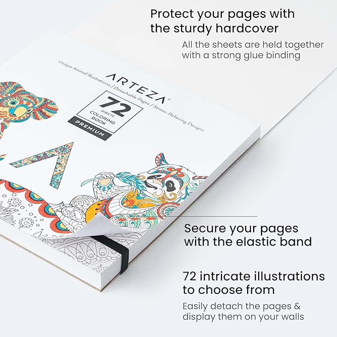 Arteza Coloring Book for Adults, 6.4 x 6.4 Inches, Animal Designs, 72 Sheets, 100 lb Paper, Detachable Pages, Black Outlines, Art Supplies for Relaxing, Reflecting, and Decompressing