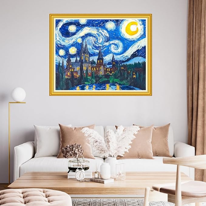 fanxvivy stamped cross stitch kits for beginners full range of cross stitching preprinted embroidery kits for adults, 11ct embroidery pattern needlepoint kits-van gogh starry sky castle 16x20 inch