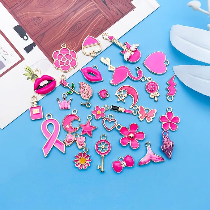 Youdiyla 60pcs Alloy enamel rose red series fixed set Pendant Jewelry Making DIY Keychain Earrings Pendant Various Design Charms for Jewelry Making Bracelets Necklace (HK554)