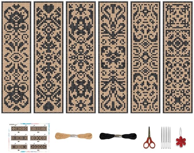 BEUNITONE 6 Pcs Cross Stitch Bookmark Kit DIY Vintage Decorative Border Counted Cross Stitch Stamped Kits for Adults Beginners with Instructions Embroidery Bookmark Kit for Book Lovers 2.4x7.9 in
