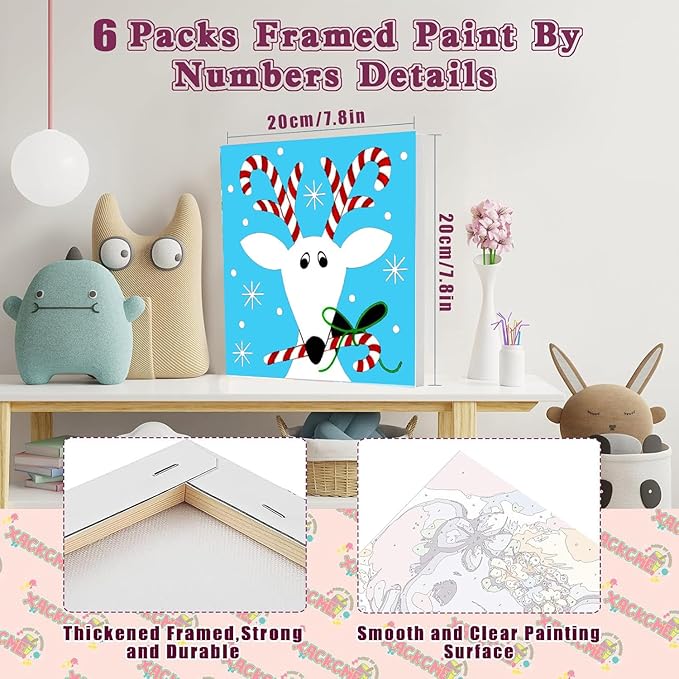 SYDYLH 6 Packs Framed Chrsitmas Paint by Numbers Kit for Kids Ages 8-12,Snowman Easy Acrylic Paint by Number Framed on Canvas,Number Painting Paint by Numbers Kit for Home Wall Decoe 8x8inch