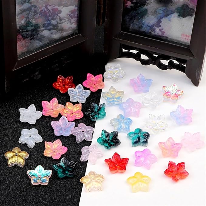 60PCS Colorful Flower Glass Beads Bulk Jewelry Beads for Jewelry Making Supplies Flower Charms for Bracelets Floral Charm Necklace Bracelet Making Kit Bead Spacers with Hole Cute Flowers Bead Charms