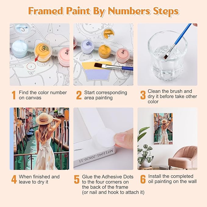 GHHKUD Venice Paint by Numbers Kits with Frame for Adults Beginners, DIY Landscape Paint by Numbers for Kids, Painting Art on Canvas Gifts Home Wall Decor 20x30cm