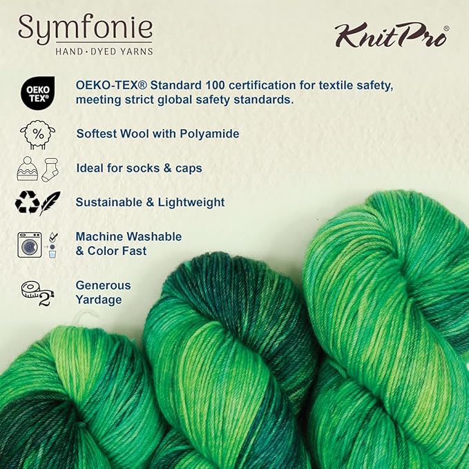 KnitPro Symfonie Fingering Weight Hand Dyed Variegated Yarn Skein | Extra Fine Merino Wool & Polyamide Blend for Knitting & Crocheting, Oeko-TEX Certified 400m, 100g | Terra Jungle Secrets