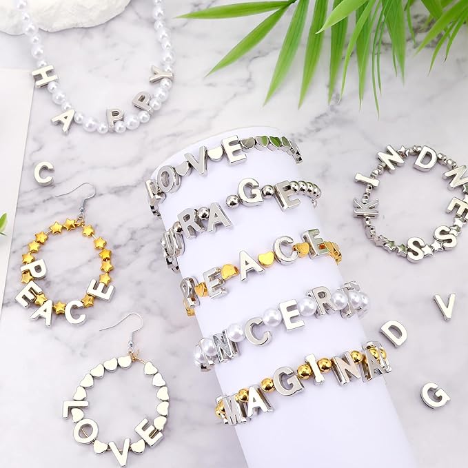 Augshy 700Pcs Large Letter Beads Silver Plastic A-Z Mixed Alphabet Shape Beads for Jewelry Making Bracelets Necklaces Key Chains Shoelaces Crafts Party Decor(9x12mm)