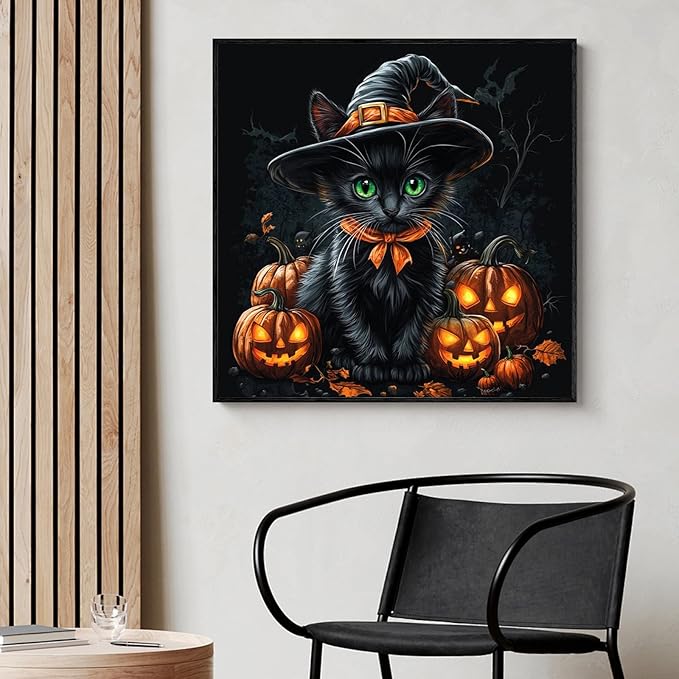 Yezavesu Halloween Diamond Art Kits for Adults, Black Cat Diamond Painting Kit for Beginners, Pumpkin 5D DIY Round Full Drill Painting with Gem Art Craft Kits for Home Wall Decor 14x14 Inch