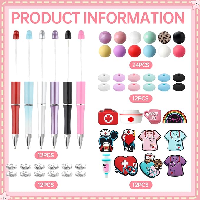 12 Set Hospital Theme Plastic Beadable Pens DIY Set, Assorted Bead Pens Crystal Round Spacer Pendant Set Black Ink DIY Ballpoint for Teachers, Women Men Gift Office Supplies