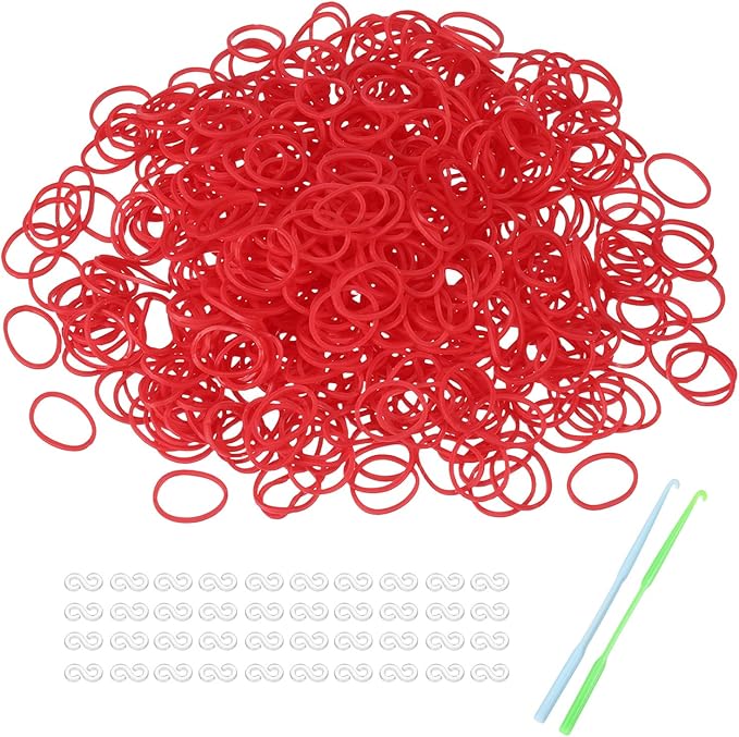 MECCANIXITY 1200 Pcs Loom Rubber Bands Kit with 50 Pcs S-Clips 2-Hooks Rubber Bands Refill Bracelet Making Kits for Weaving DIY Handcrafts Gift, Light Red