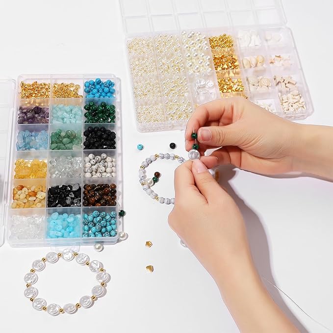 2100Pcs Jewelry Making Kit for Adults Women with Pearl Bead Crystal Beads Shell & Turquoise, 20 Colors Beads with Gold Bead Beading Kit for Bracelets, Necklace, Ring DIY Crafts Jewelry Making Kit