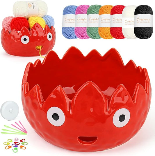 Coopay Flame Yarn Bowl for Crocheting/Knitting, Cute Yarn Storage Bowl with 7PCS Yarn, Large Size Ceramic Yarn Bowl Crochet Knitting Bowl for Beginners, Great Knitting Crochet Gift (6.8in)