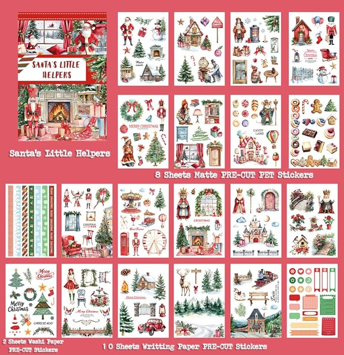 Christmas Santa's Little Helpers Journaling Stickers for Junk Journals Supplies, Pre-Cut Xmas Holiday Sticker Book for Card Making, Planner, Bujo, Scrapbooking, Collage