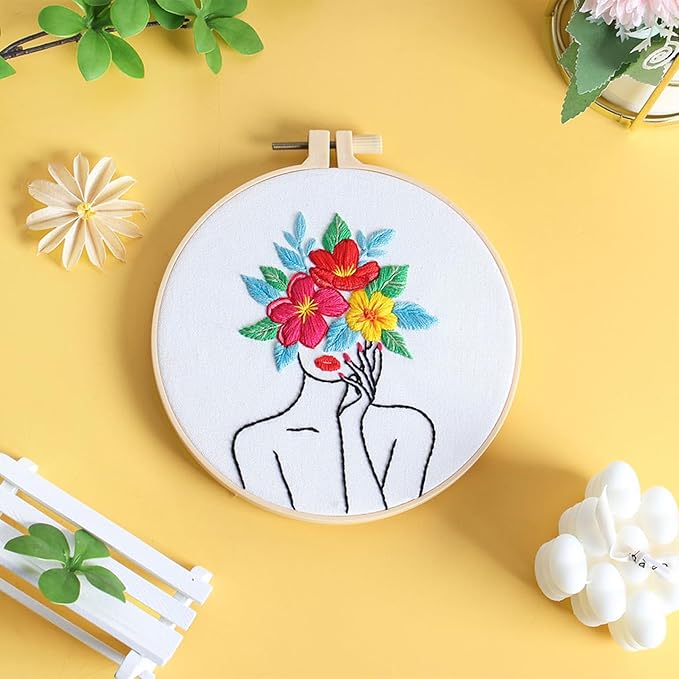 Louise Maelys Floral Embroidery Kits for Beginners,Woman Flowers Pattern Cross Stitch kit for Adults,DIY Needlepoint for Starters,Including Hoop,Instruction and Threads