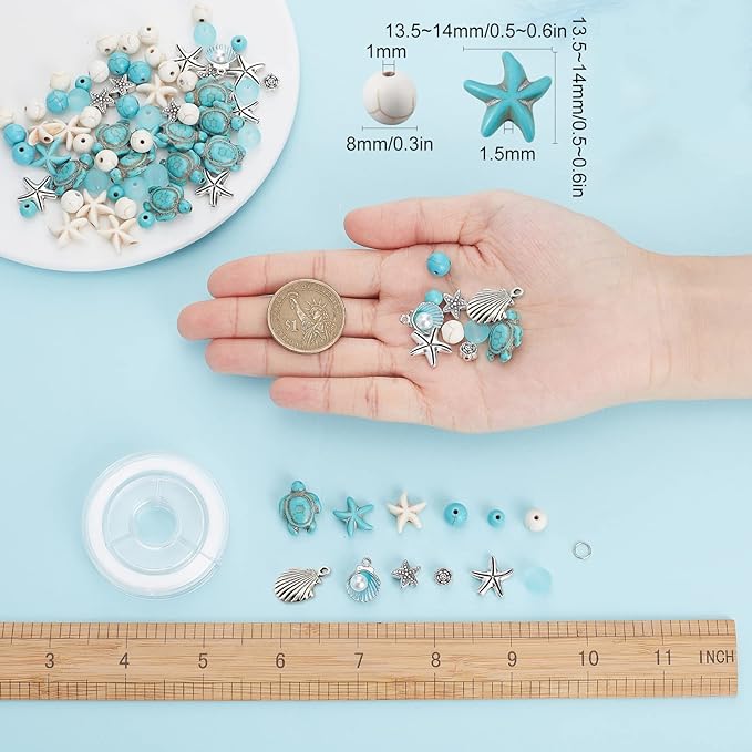 SUNNYCLUE 1 Box DIY 6Pcs Summer Ocean Theme 8mm Turquoise Beads Bracelets Shell Charms Bracelet Making Kit Turtle Spacers for Jewelry Making Alloy Starfish Sandal Beads Necklace Anklets Craft Supplies