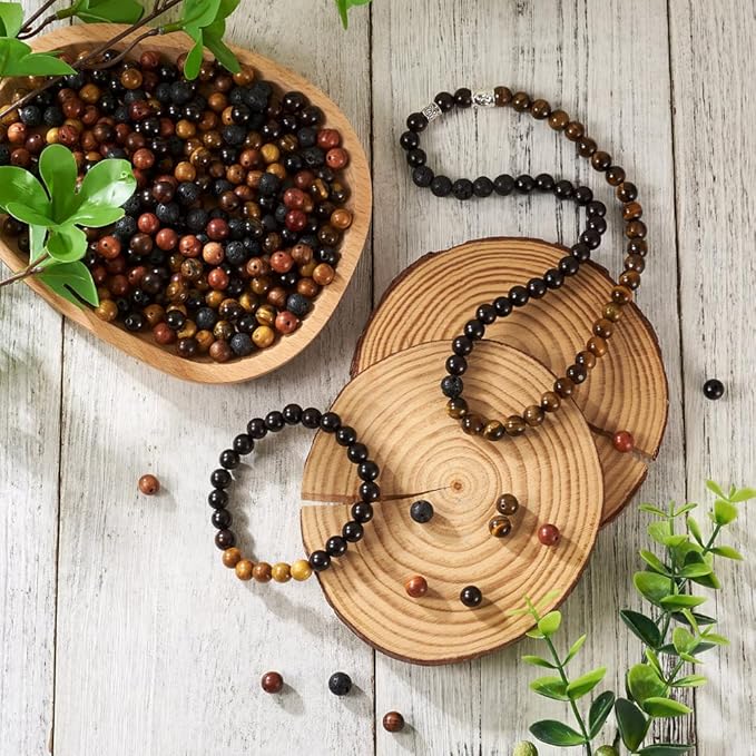 KISSITTY 300Pcs 6 Style Natural Wood Round Gemstone Beads Kit for Easter 8mm Lava Rock Bead & Grade AB Tiger Eye Wood Bead Natural Polished Wooden Ball Loose Beads for Men Bracelet Jewelry Making