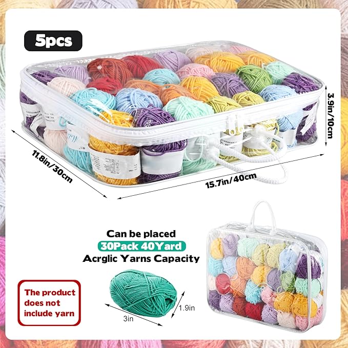 5 Pack Clear Yarn Storage Bags, 12x16x4 Inches Yarn Storage Organizer Tote Bag for Knitting Needles Crochet Hooks Yarn Balls Yarn and Unfinished Project, White