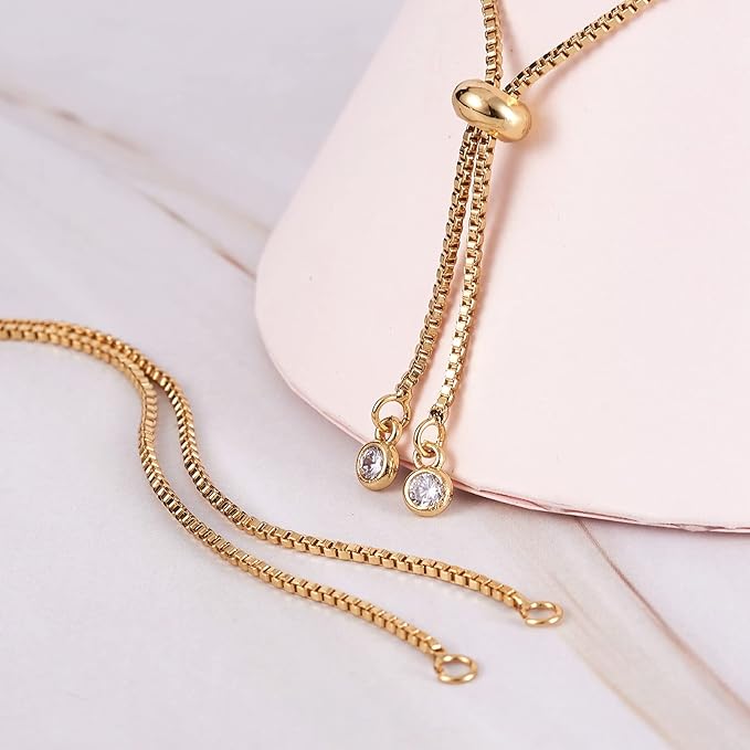 FASHEWELRY 10 Strands Adjustable Brass Bracelet Slider Extender Chains with Cubic Zirconia Ends 4-3/8" to 4-3/4"(110~120mm) Real 18K Gold Plated for DIY Jewelry Making