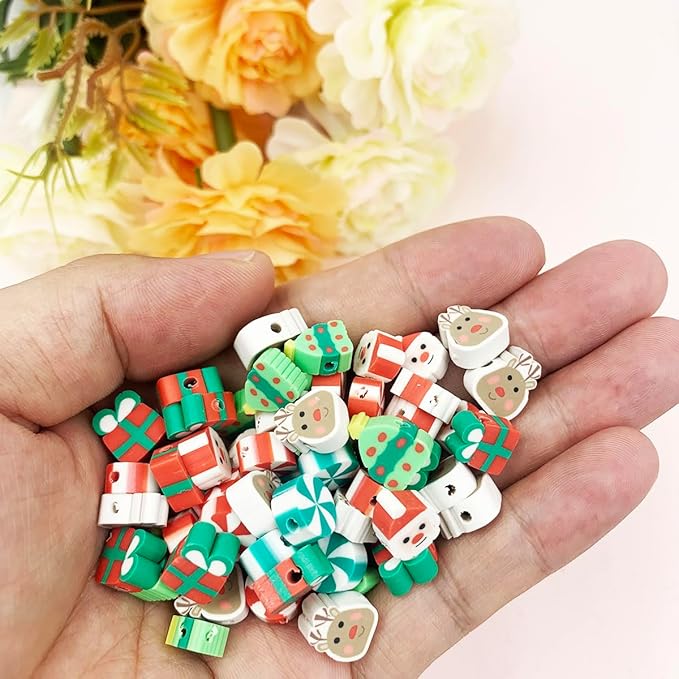 100 Pcs Christmas Handmade Polymer Clay Beads, 10mm Polymer Clay Spacer Beads for Women Jewelry Making DIY Charms Bracelet Necklace Hair Clip Accessories Handmade Craft