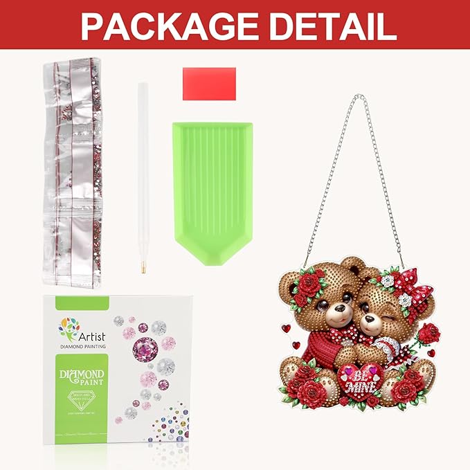 CEOVR Valentine's Day Diamond Painting Pendant, Loving Bears Hanging Diamond Art for Adults DIY Gem Art Wall Ornament, Acrylic Home Garden Decor with Chain, Box Kit 7.87×7.48inch