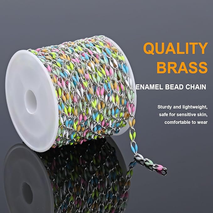 KYUNHOO 13 Feet Rainbow Links Silver Jewelry on Roll Colorful Oil Drip Chains for Jewelry Making Mixed Color Enamel Chain Spool for Women DIY Crafting Supplies Findings