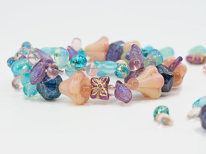 1.4oz (40g) Limited Mix of Czech Glass Beads, Hand Made Set Kit, Pink Bell Beads Purple English Cut