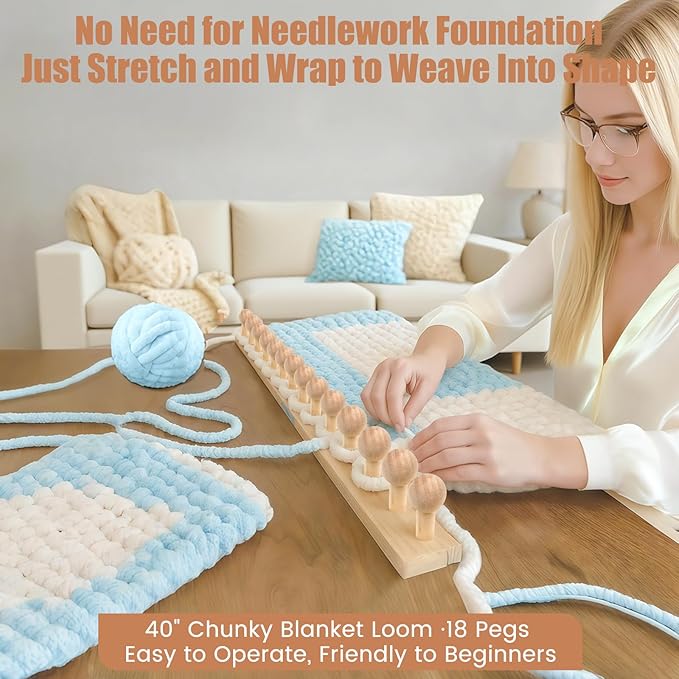 40" Chunky Blanket Loom for Beginners – Wooden Round Chunky Knitting Loom with Anti-Slip Pegs, Pine Wood DIY Weaving Kit for Stress Relief, Parent-Child Craft, Gift Making & Elderly Hand training