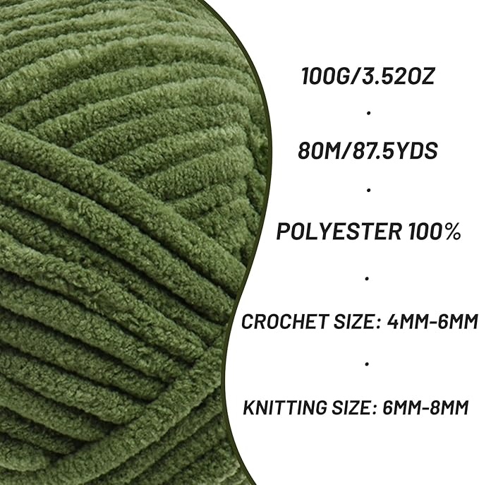 4 Pack Chunky Chenille Yarn for Crocheting, Baby Yarn for Crocheting Soft Blanket, 349.9 yds /14.1 oz Crochet Yarn, Bulky 5 Amigurumi Yarns, Fluffy Velvet Yarns for Knitting Crafts (4 Army Green)