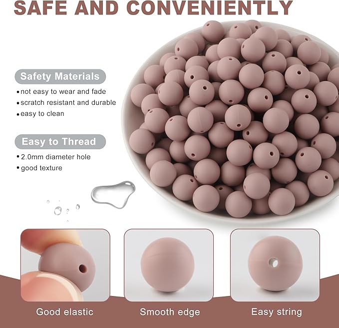 150Pcs 15mm Silicone Beads for Keychain Making Bracelet Necklace, Bulk Round Silicone Beads for Pens(Rose Brown)