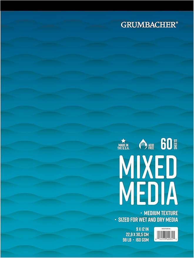 Grumbacher 9" x 12" Mixed Media Paper Pad, 98 lb. / 160 GSM, Tape-Bound, 60 Sheets/Pad, 1 Each