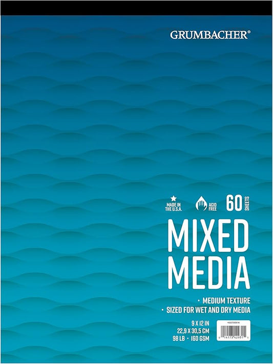 Grumbacher 9" x 12" Mixed Media Paper Pad, 98 lb. / 160 GSM, Tape-Bound, 60 Sheets/Pad, 1 Each