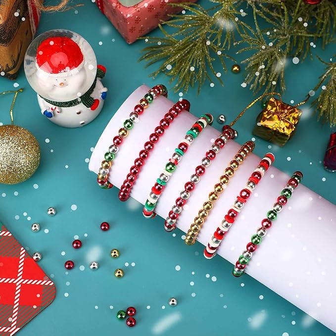 UPINS 1500 Pcs Christmas Beads for Jewelry Making - 6mm Red, Green, Gold & Silver Round Spacer Beads DIY Craft Kit