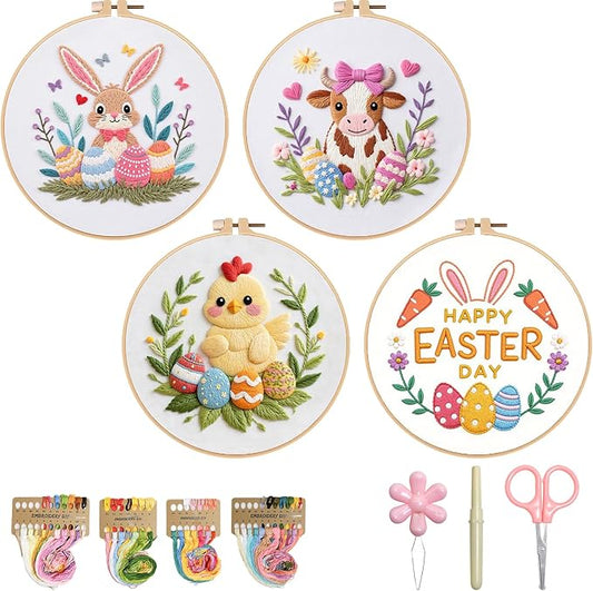BBLYBD Easter Embroidery Kit, 4 Set Cross Stitch Craft Kits for Beginners with Pre-Printed Embroidery Fabric, Hoops, Step-by-Step Instructions, Color Threads & Needles (Easter)