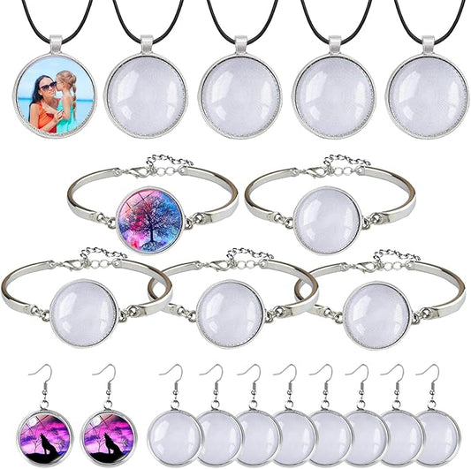 Pendant Trays Set with Cabochon Glass, Round Pendant Bezel Blank Trays, Bracelet Bangles Earrings Hooks Blanks for DIY Photo Cameo Jewelry Crfats Making