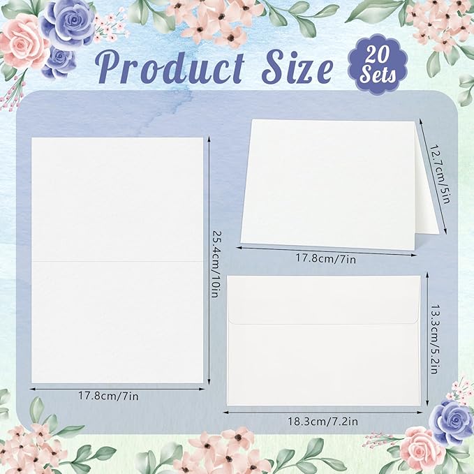 Prudiut 20 Sets Watercolor Cards with Envelopes, 140 lb/300 GSM Watercolor Paper Cards, 5x7 Inch Foldable Blank Cards and Envelopes for Wedding Invitations Greeting Thank You Mothers Day Gifts Card