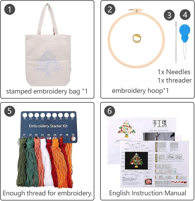 Canvas Tote Bag Embroidery Kit with Pattern for Beginners, Arts and DIY Embroidery Crafts Kits for Adults, Instructions, Thimble, Embroidery Hoops, Color Threads (Beige, CR002 Christmas Tree)
