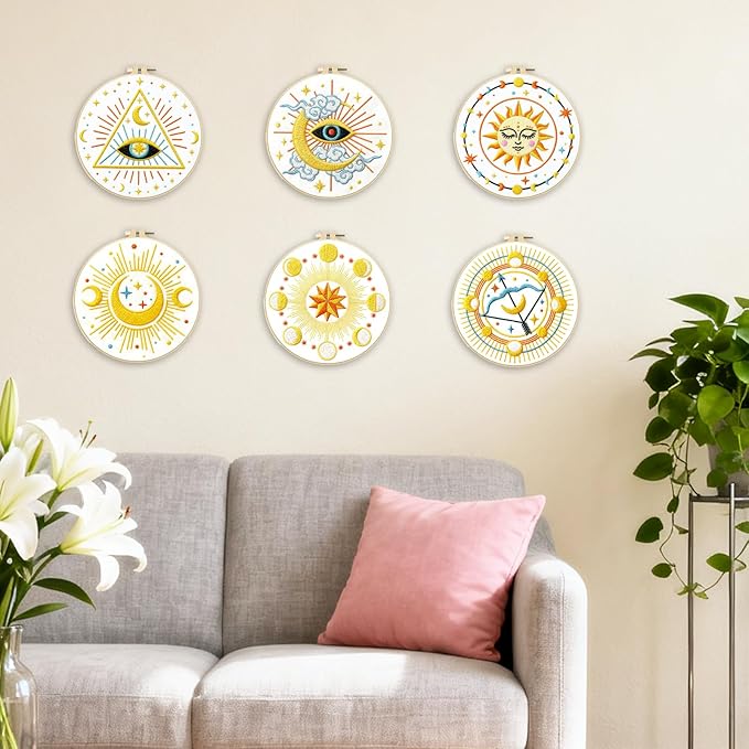BEUNITONE 6 Sets Tarot Embroidery Kits for Beginners with Dreamy Sun Moon Stars Eye Patterns, DIY Craft Kits for Adults Women with Embroidery Hoops and Full Kits, Needlepoint Kits for Home Decor