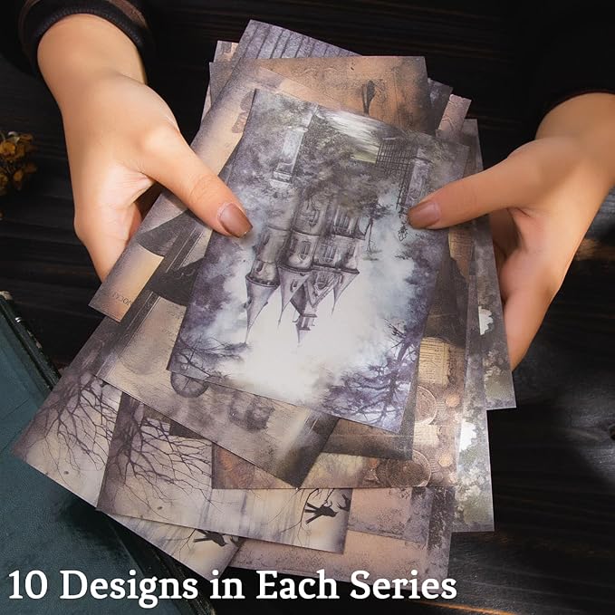 180Pcs Dark Fantasy Scrapbook Paper, Vintage Gothic Journal Ephemera Pack, Junk Journal Supplies for Scrapbooking Kit, with Glue Tape