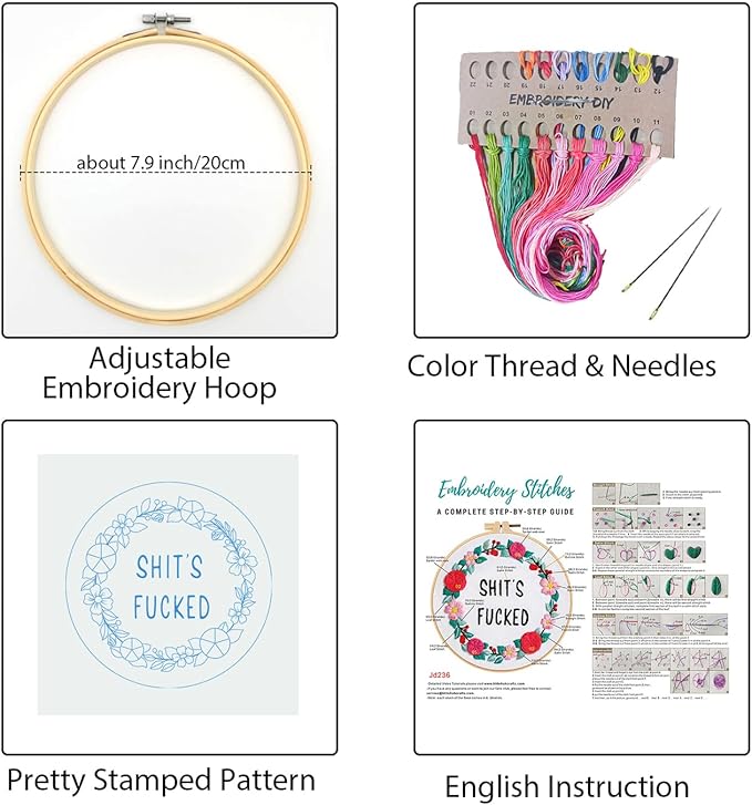 Louise Maelys Funny Embroidery Kit for Beginners,Cross Stitch Kits for Adults,Flower Wreath Needlepoint for Starters Including Instruction and Threads