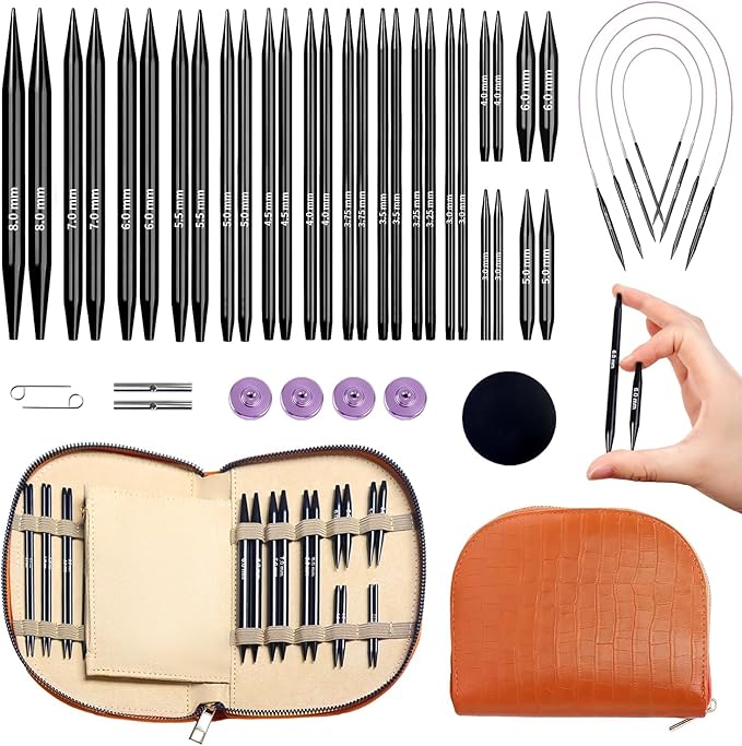 Yarniss 15 Pairs Circular Knitting Needle Combo, 4.5-Inch Round Knitting Needle 3.0~8.0mm, 2.16-Inch Shorties Needles US Size 2.5-10, Interchangeable Aluminum Cable Needles with Case