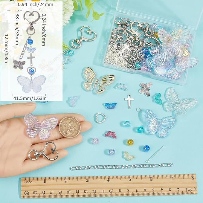 SUNNYCLUE 128Pcs Butterfly Keychain Making Kit Butterflies Beads Colorful Butterfly Bead Heart Butterfly Charms Acrylic Glass Spacer Beads for Keychains Making Women Adults DIY Crafts Supplies