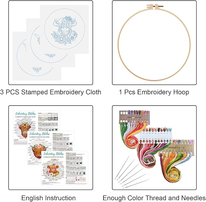 Louise Maelys 3 Sets Highland Cow Embroidery Kits for Beginners,Cross Stitch Kit for Adults,Starters DIY Needlepoint Including Embroidery Hoop Cloth Needles Instruction and Threads
