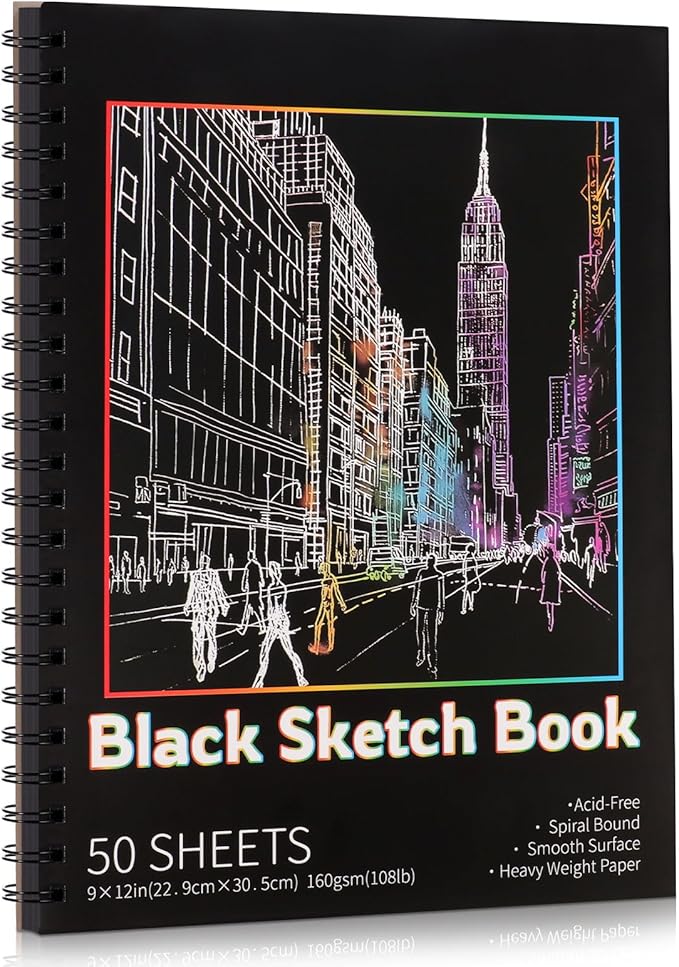 50 Sheets Black Paper Sketchbook, 108 lb/160gsm Heavyweight Black Sketch Pad 9×12in, Acid-Free Drawing Paper, Spiral Bound Sketch Book for Kids, Teens, Artist