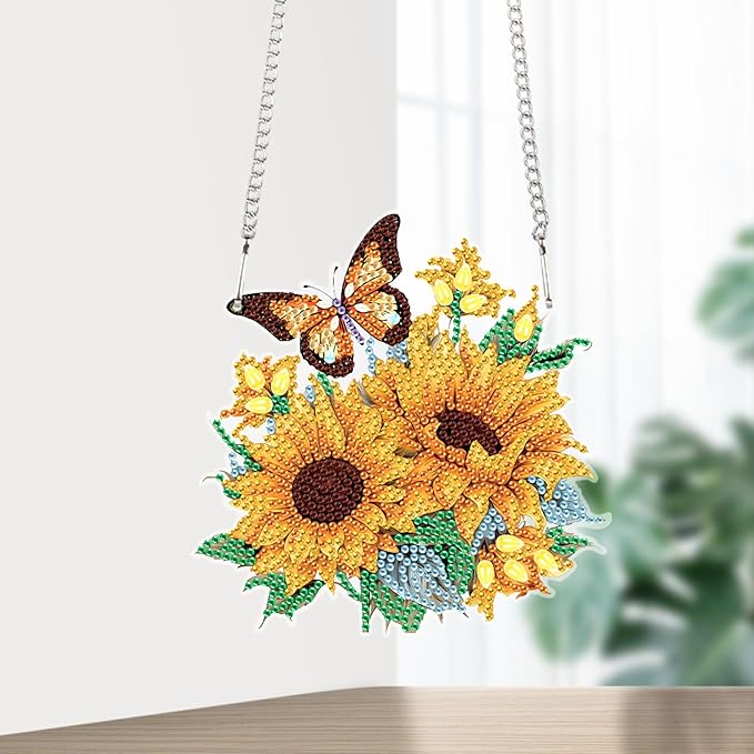 AiYuanzsh Sunflower Butterfly Diamond Painting Hanging Ornament Kit – DIY 5D Crystal Art Suncatcher for Home Wall Window Decoration, Handmade Craft Gift for Adults