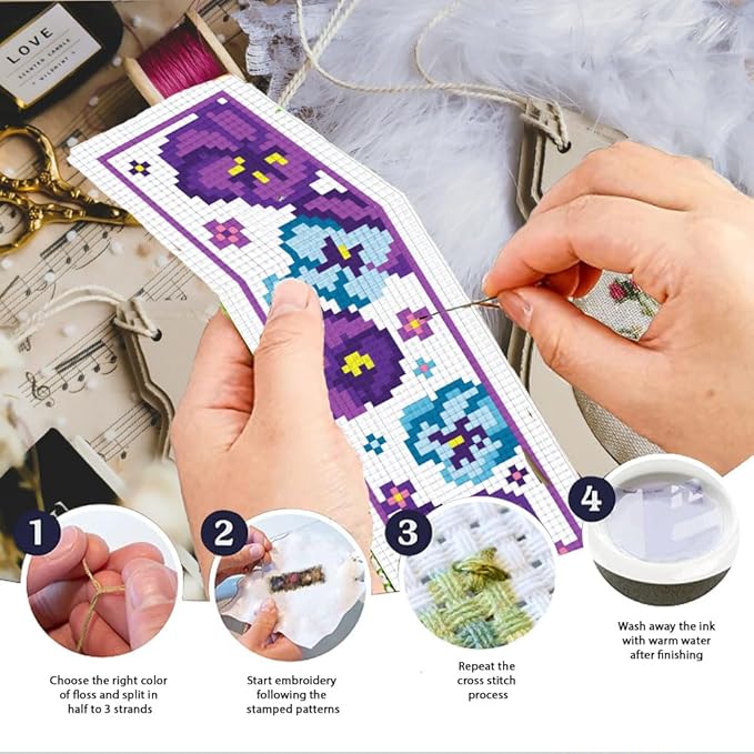 INFUNLY 6pcs Red Rose Cross Stitch Bookmark Kits DIY Sunflower Peach Blossom Embroidery Bookmark Kits for Beginners with Instruction Blue Flower Bookmark Making Kit for Book Lovers Readers Women Gifts