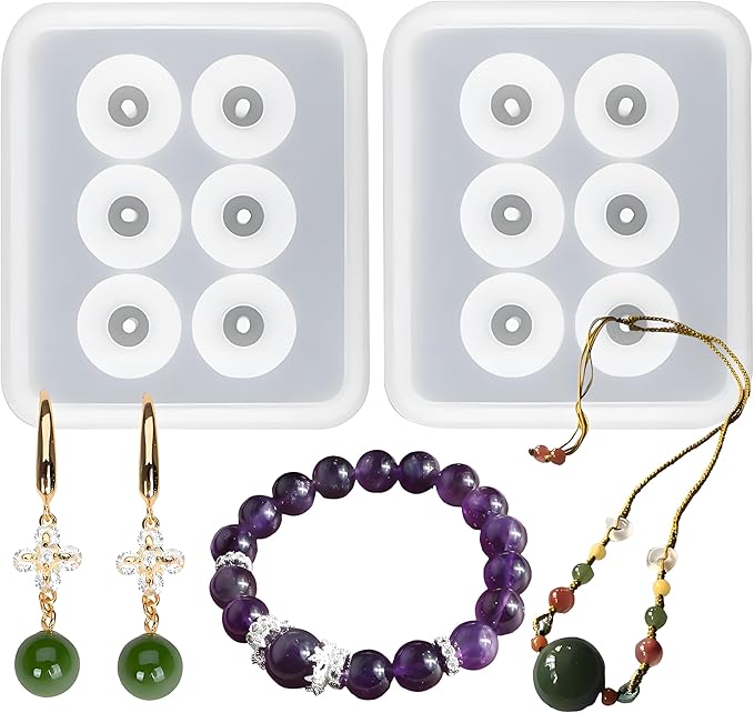 Silicone Resin Bead Molds Set, 2 Pack Round Ball Molds with Holes, DIY Jewelry Making Tools