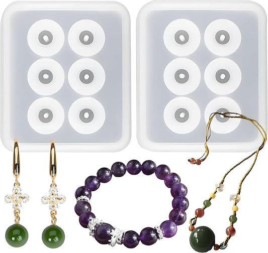 Silicone Resin Bead Molds Set, 2 Pack Round Ball Molds with Holes, DIY Jewelry Making Tools